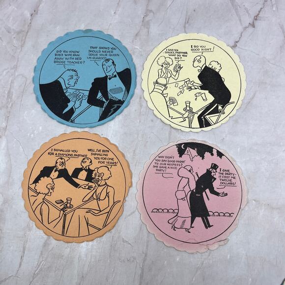 Vintage Bridge Coaster Illustrated Humor Cartoon Set of 4 TH9-BC-7
